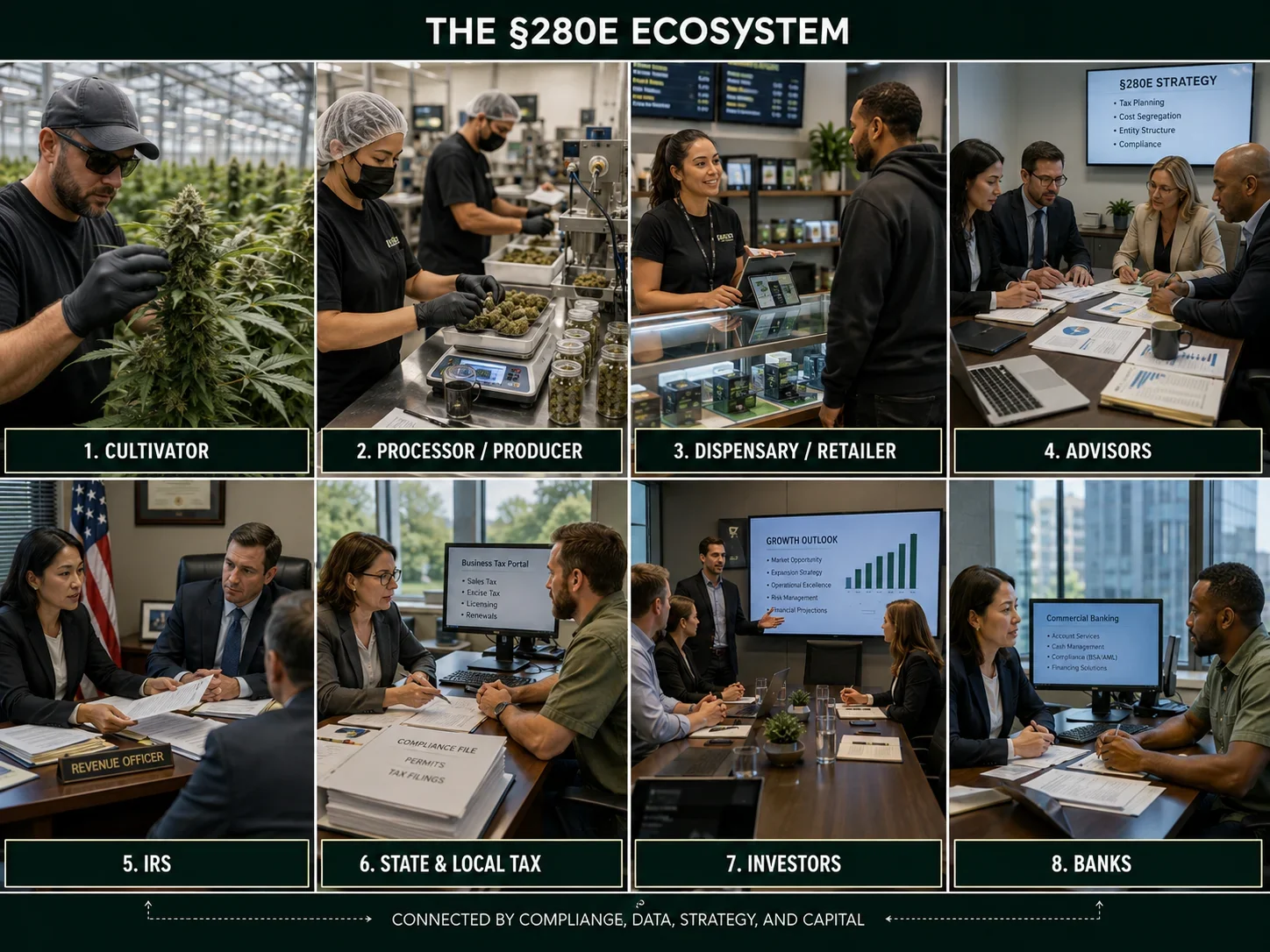 The §280E ecosystem: cultivator, processor, retailer, advisors, the IRS, state and local tax, investors and banks